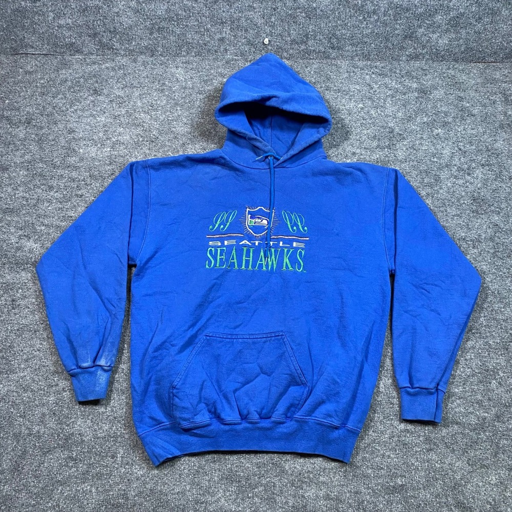 Vintage Logo Athletic Seattle Seahawks Hoodie Blue Embroidered Made in USA Large